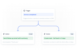 Workflow diagram showing a trigger and two automated actions in a CRM system.