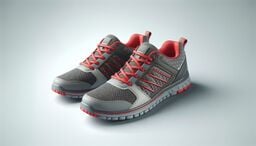 Pair of gray and red athletic sneakers on a light gray background