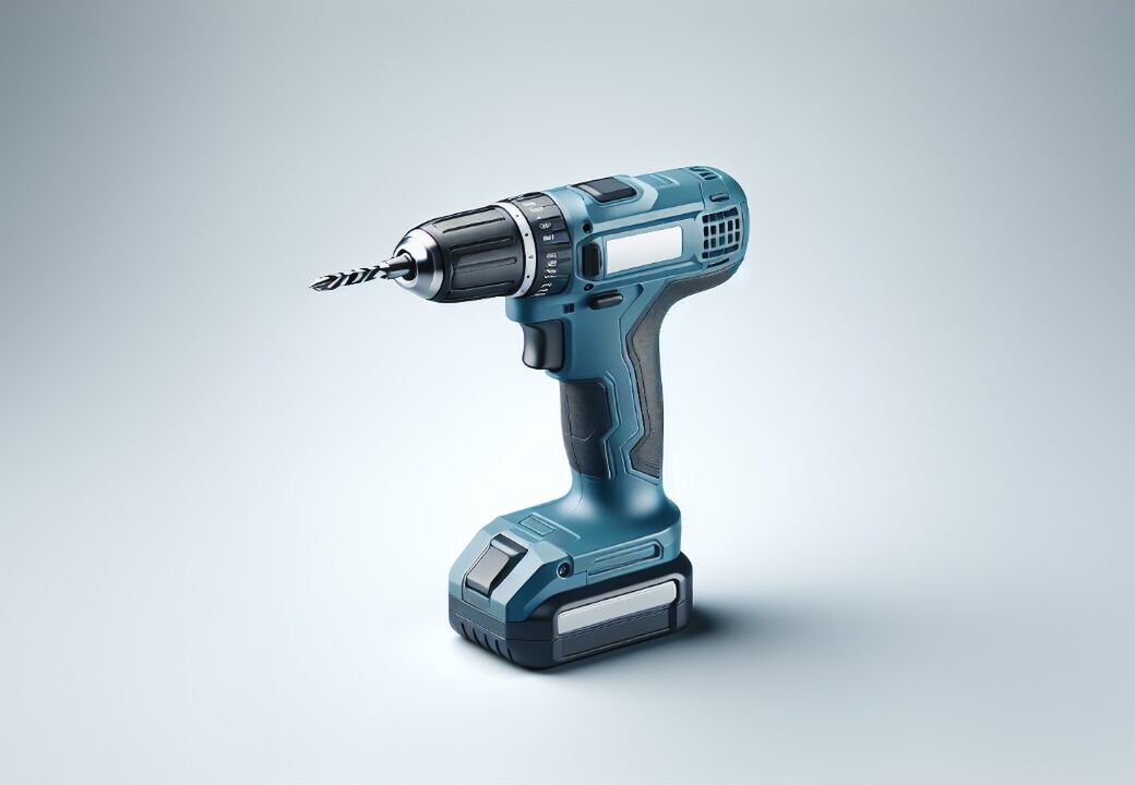 Blue cordless power drill with a bit attached, standing upright on a light gray background.