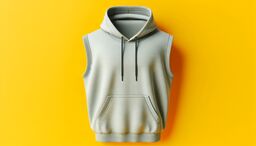 Sleeveless light gray hoodie with front pocket and drawstrings on a bright yellow background
