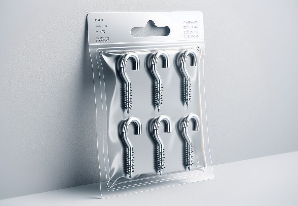 Blister pack of six metal screw hooks arranged in two columns and three rows against a light gray background.