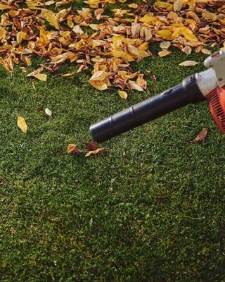 Person using an orange handheld leaf blower to clear fallen autumn leaves from a grassy lawn.