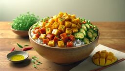 Colorful poke-style rice bowl topped with cubed mango and salmon, sliced cucumber, chili, scallions, and sesame, served on a wooden table with herbs and a small dish of dressing.