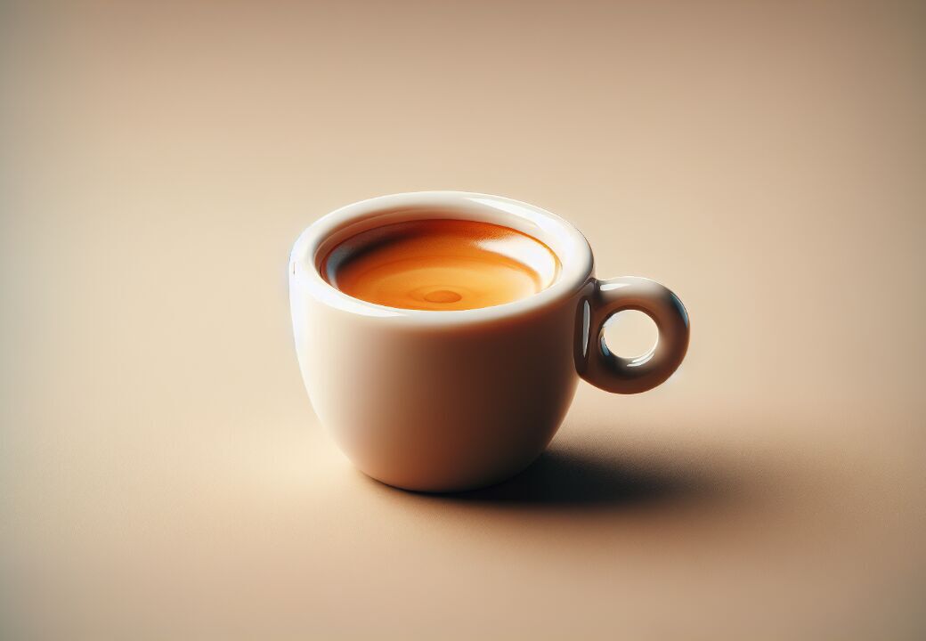 Minimalist close-up of a white ceramic espresso cup filled with rich crema on a smooth beige surface.