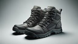 Pair of rugged black hiking boots with thick treaded soles and metal eyelet lacing, set against a neutral gray background.