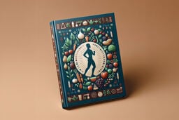 Hardcover book with a teal cover featuring a silhouette of a runner in a circular emblem, surrounded by illustrated fruits, vegetables, grains, and health icons on a warm beige background.