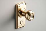 Close-up of a polished brass door knob and backplate with two keyholes on a light gray door.