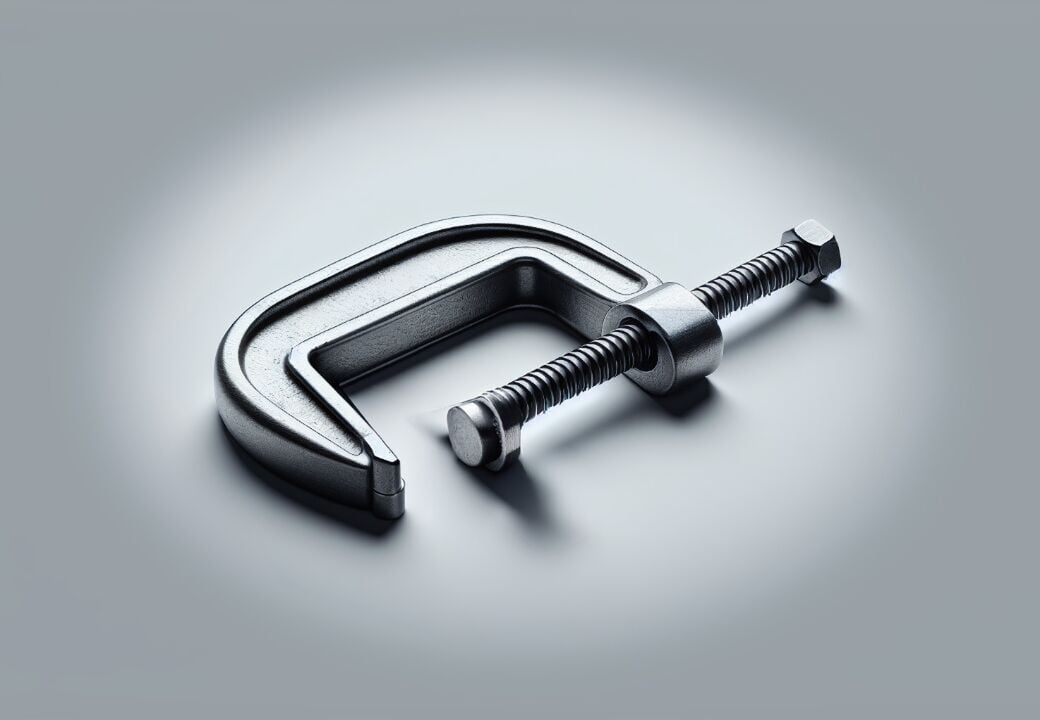 Metal C-clamp tool lying on a smooth gray surface with soft lighting and shadows.