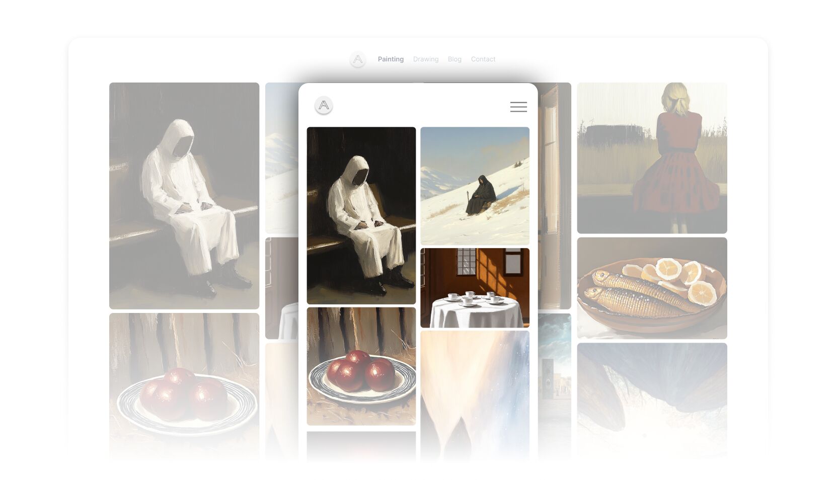 Minimalist art portfolio interface showcasing a grid of paintings with a centered floating gallery card.