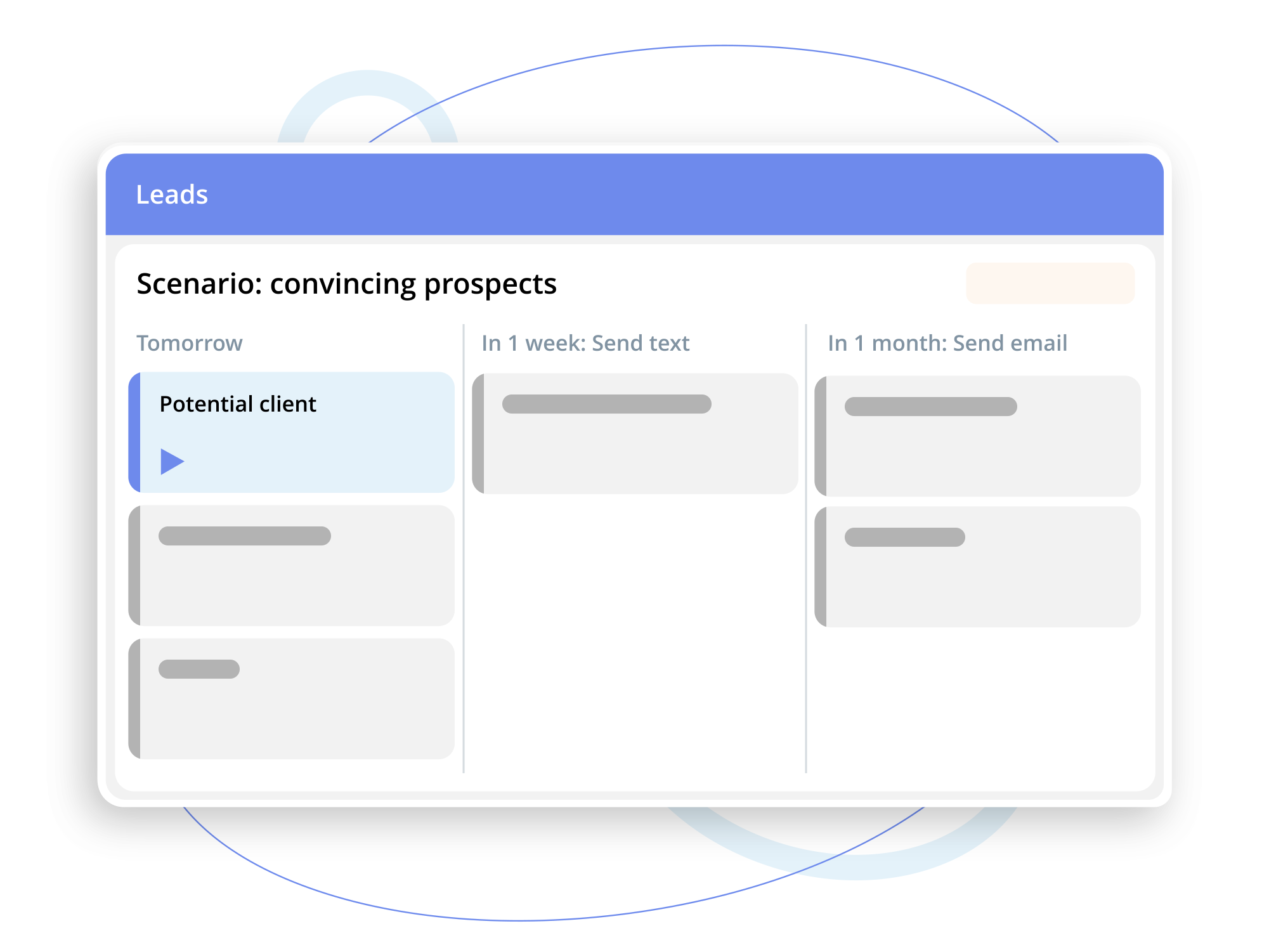 Illustration of a CRM leads board showing columns for follow-up times like Tomorrow, In 1 week: Send text, and In 1 month: Send email, with cards including one labeled Potential client.
