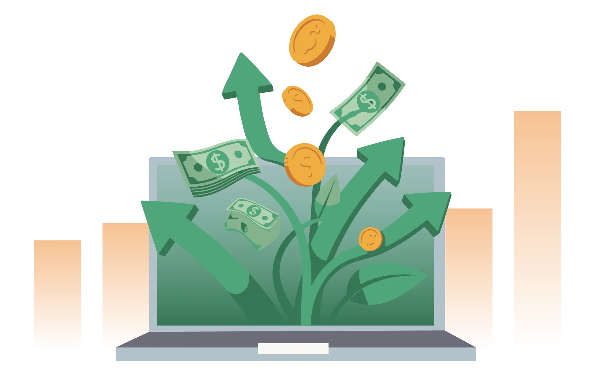 Illustration of money and upward arrows growing from a laptop screen, symbolizing increasing sales and revenue.