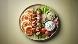 Top-down view of a platter with grilled meat skewers, mini flatbreads, sliced red onions, lettuce, cherry tomatoes, and two bowls of creamy dips garnished with herbs.