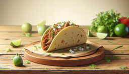 Close-up of a single shredded-meat taco on a wooden board, garnished with chopped onion and cilantro, with limes and fresh herbs in the background.