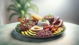 A vibrant platter of Colombian bandeja paisa with grilled steak, fried egg, rice dome, sausage, chorizo, beans, avocado slices, plantains, arepas, and garnish on a sunlit table.