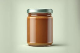 Glass jar filled with smooth brown spread and a metallic lid on a light background