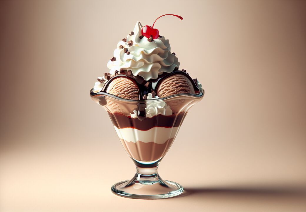 Chocolate ice cream sundae in a glass dish topped with whipped cream, chocolate shavings, and a red cherry.