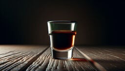 Small shot glass of dark amber liquid on a wooden table in dramatic low light.