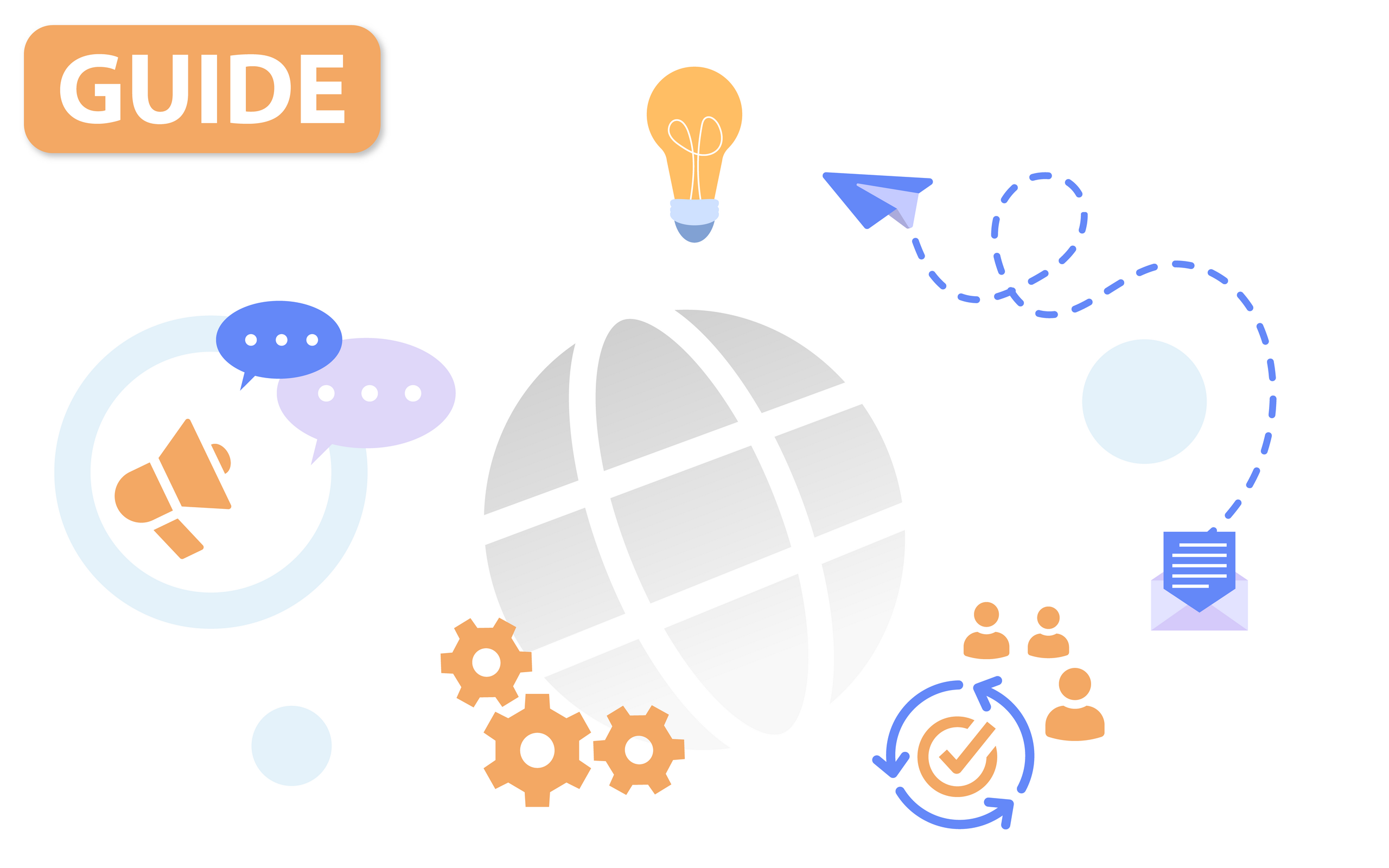 Illustrative digital marketing guide graphic with globe, chat bubbles, megaphone, envelope, paper airplane, gears, and lightbulb icons
