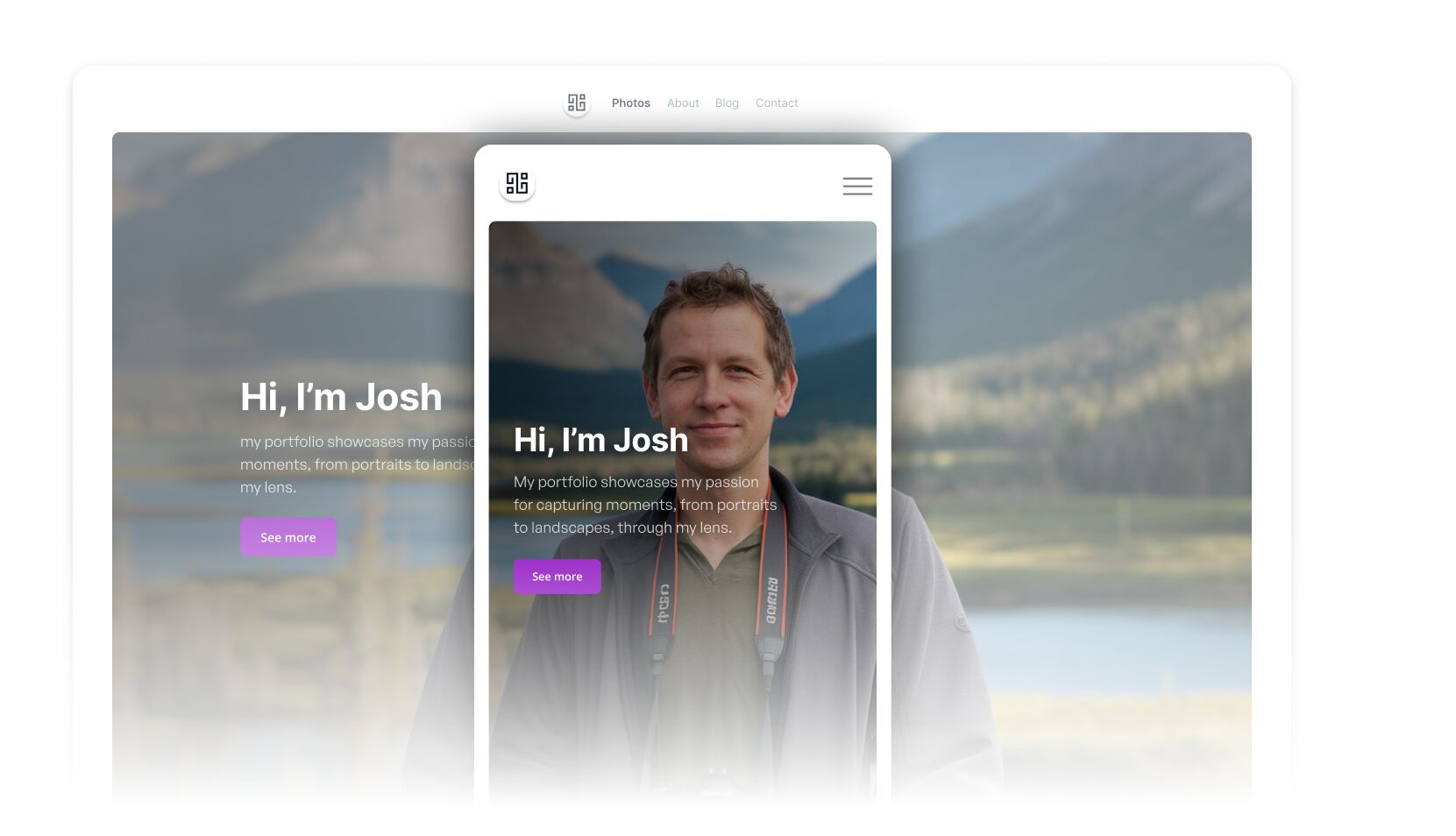 Responsive portfolio website mockup showing a photographer’s homepage on desktop and mobile with a mountain backdrop.