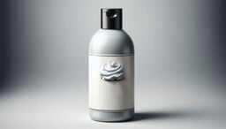 Minimalist photo of a gray plastic bottle with a black flip-top cap and a blank white label featuring a swirl of white cream.