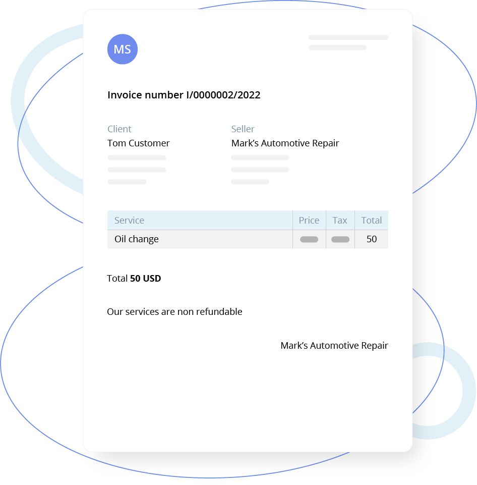 Minimal invoice document showing client Tom Customer and seller Mark’s Automotive Repair with a single service line for an oil change totaling 50 USD.