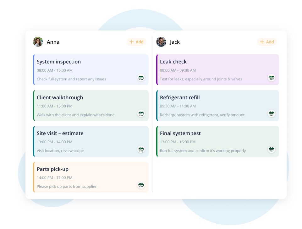 Two-column daily schedule UI for Anna and Jack showing color-coded tasks with times and notes.