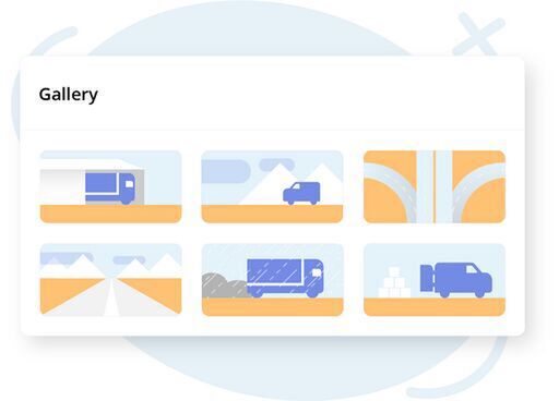 Minimal gallery UI with six trucking and transport thumbnails in soft blue and orange tones.