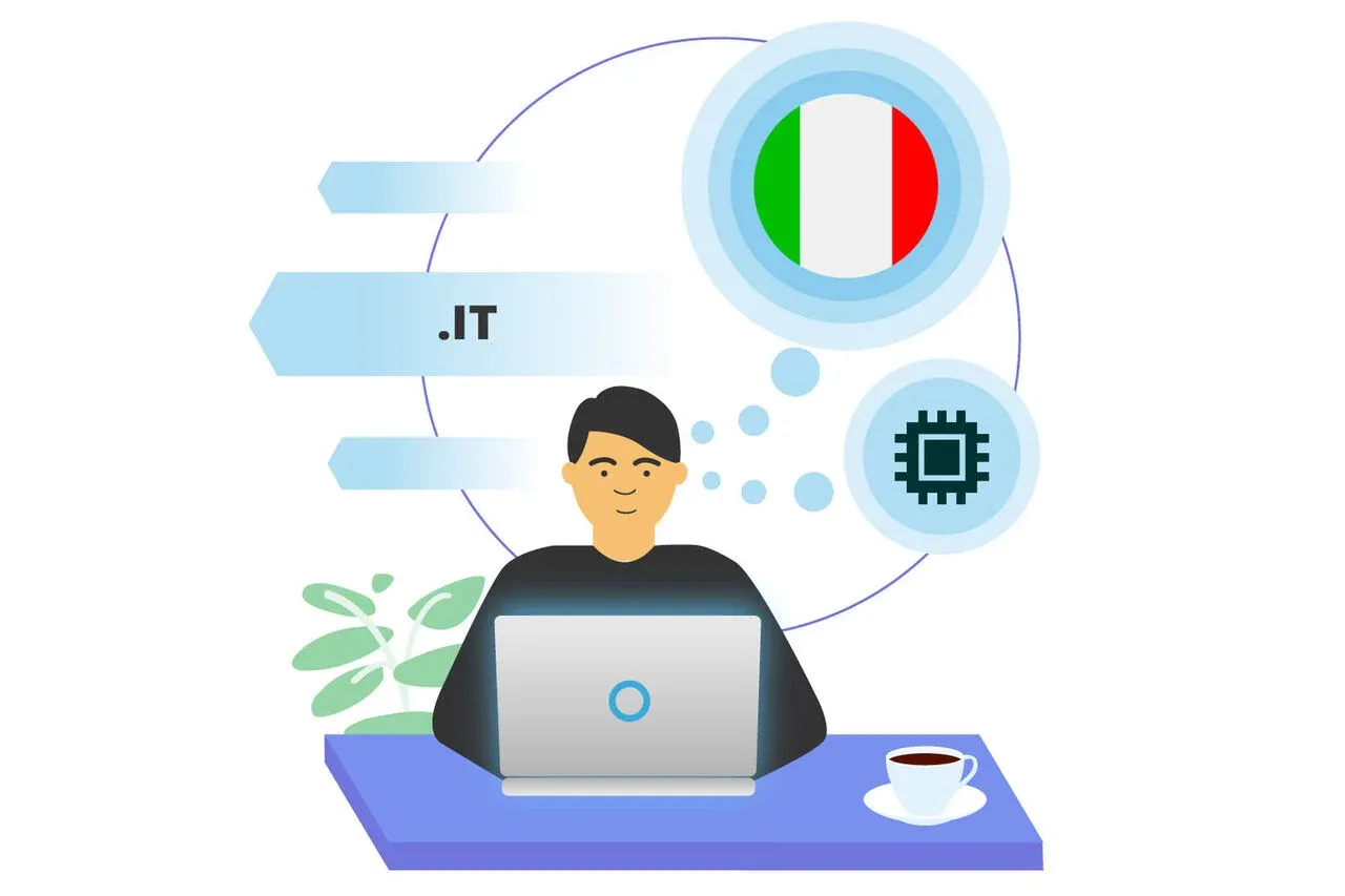 Illustration of a person using a laptop at a desk with icons of the Italian flag, a microchip, and the .IT domain around them.
