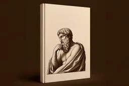 Minimalist beige book cover featuring a sepia-toned illustration of a contemplative classical philosopher with a beard, resting his chin on his hand, set against a dark brown background.