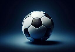 Close-up of a classic black-and-white soccer ball on a smooth surface with dramatic studio lighting and a soft shadow beneath it.