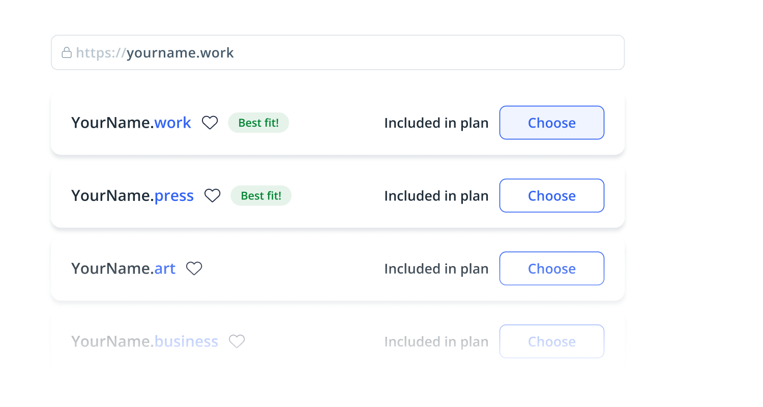 User interface showing domain name selection options with suggestions like YourName.work, YourName.press, YourName.art, and YourName.business, each with an Included in plan label and a Choose button.