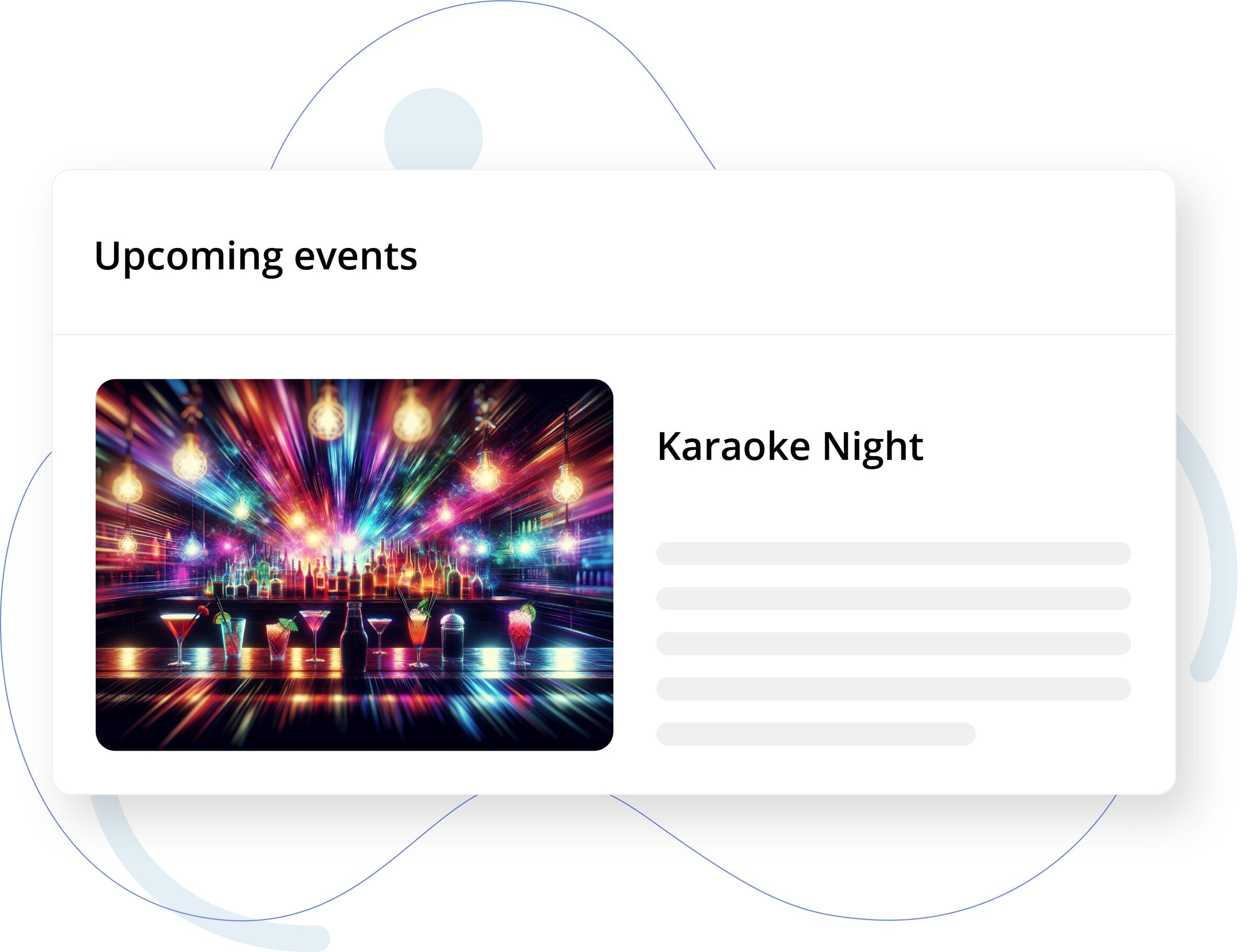 Web card showing an upcoming event titled Karaoke Night with a colorful bar scene image on the left and text details on the right.