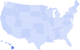Blank light-blue map of the United States showing state boundaries, including Alaska and Hawaii inset.