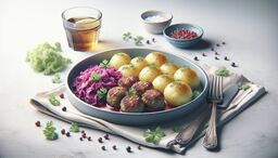 Plate of Swedish-style meatballs with dill potatoes and braised red cabbage, garnished with herbs, on a napkin with cutlery and a glass of iced tea nearby.