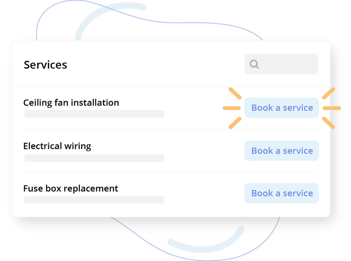 Interface mockup showing a services list with buttons to book a service.