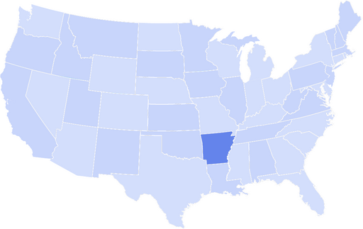 Map of the United States with Arkansas highlighted in a darker blue