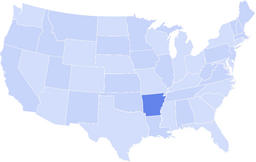 Map of the United States with Arkansas highlighted in a darker blue