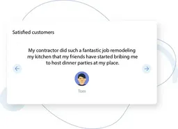 Testimonial card with quote from a satisfied customer about a kitchen remodel.