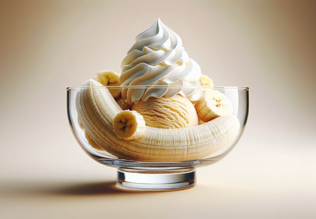 Banana split dessert in a clear glass bowl with vanilla ice cream and whipped cream