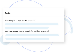 Minimal UI card titled FAQs showing two example questions about pest control with blue placeholder lines for answers on a white rounded panel over an abstract blue background.