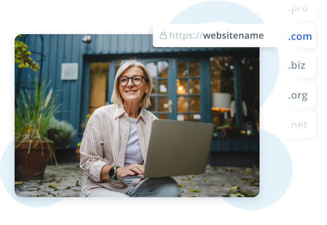Smiling person with laptop sitting outdoors in a cozy patio, with domain name examples overlaid