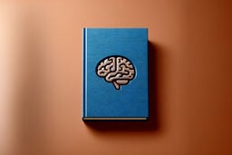 Blue hardcover book with a brain-shaped cutout on the cover, placed on a warm brown surface