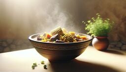 Warm, sunlit scene of a steaming bowl of hearty stew with corn on the cob, diced vegetables, and chunks of meat in an ornate ceramic bowl on a table; a potted herb sits softly out of focus in the background.
