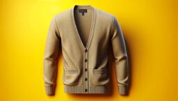 Beige knit cardigan with V-neck and buttons on a bright yellow background