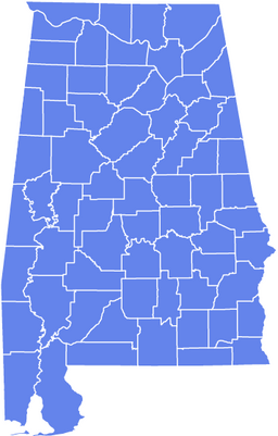 Outline map of the U.S. state of Alabama showing county boundaries.