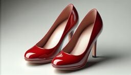Pair of glossy red high-heeled pumps on a neutral background.