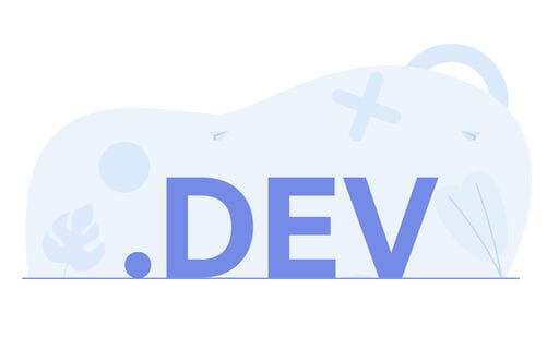 .DEV text in large blue letters with minimal abstract shapes in the background