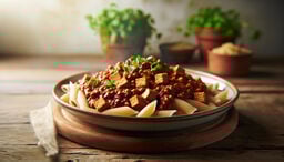 Plate of penne pasta topped with a rich red bolognese-style sauce and small tofu cubes, garnished with fresh green herbs, on a rustic wooden table.