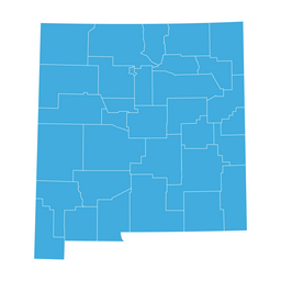 Simplified map of New Mexico showing county boundaries in blue on a white background.