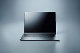 Front view of a sleek, modern laptop with a black screen on a minimalist, cool-gray background.